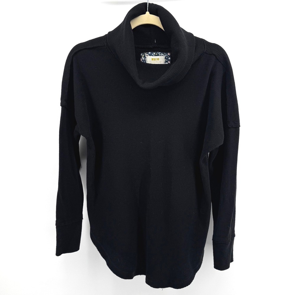 Maeve Anthropologie Cowl Neck Thermal Top Womens Small Black Waffle Knit Relaxed